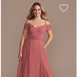 Navy Blue David’s Bridal off-the-shoulder long formal dress